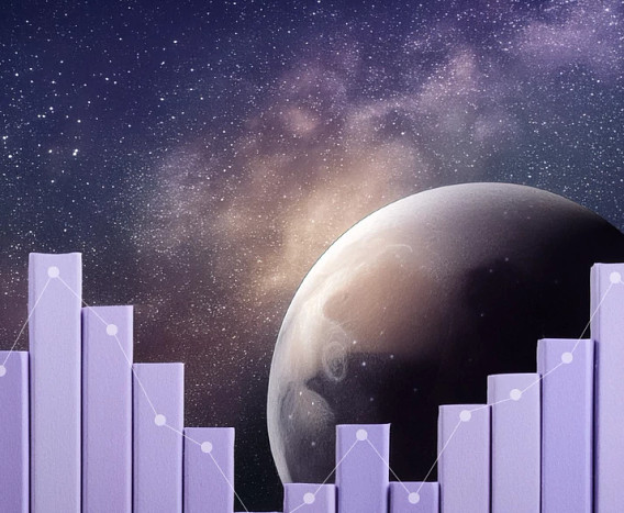 colorful montage with a bar graph in front of the moon