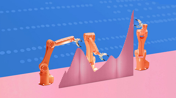 Illustration of three robotic arms with grippers interacting with a jagged pink 3D    graph on a pink surface. The background is blue with a dotted pattern.