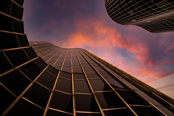 sunset sky and office building