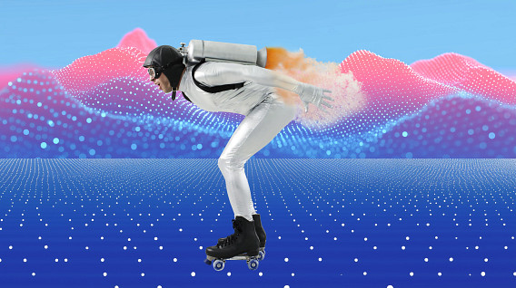 A person in a silver futuristic outfit and helmet roller skates across a digital landscape with a jetpack emitting orange smoke. The background features vibrant pink and blue undulating dotted waves, evoking a sci-fi or virtual reality aesthetic.