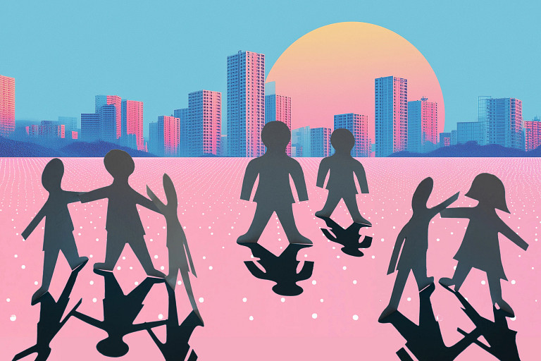 Surreal cityscape with tall buildings silhouetted against a large sun. In the foreground, abstract human-like figures hold hands on a reflective surface dotted with small lights. The image uses soft blue, pink, and orange tones to create a dreamlike atmosphere