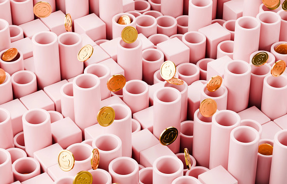 A visually striking 3D illustration of pink cylindrical and rectangular shapes arranged in a pattern, with golden coins featuring dollar symbols scattered and floating among them, symbolizing wealth and investment.