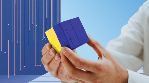 colorful montage of a person rearranging a multicolored rubix-style cube