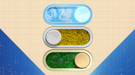 Three oval containers stacked vertically showcase distinct environments. The top container features a blue sky with soft clouds, representing air and openness. The middle container holds a vibrant landscape of yellow flowers, symbolizing vitality and growth. The bottom container contains a lush green area, suggesting nature and sustainability. Each section is framed by a modern design, with a textured background in soft beige and blue.
