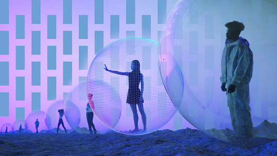 A futuristic scene showing several people enclosed in transparent, glowing spheres on a textured, rocky terrain. Each sphere emits a soft blue and purple light, with the figures inside appearing as silhouettes or partially lit. The background features a gradient of blue and pink hues with abstract rectangular patterns, adding a surreal and dreamlike atmosphere.