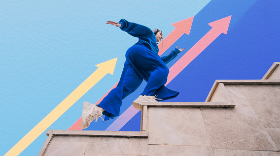 A person climbing stairs toward a gradient blue sky, with three large upward pointing arrows in the background.