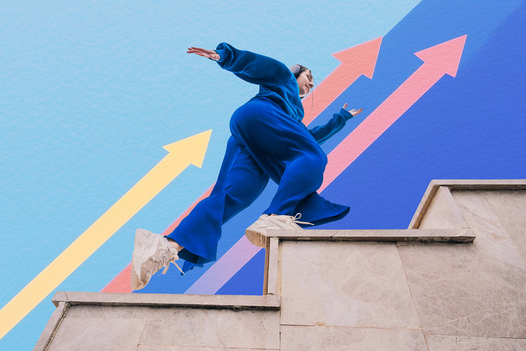 A person climbing stairs toward a gradient blue sky, with three large upward� pointing arrows in the background.